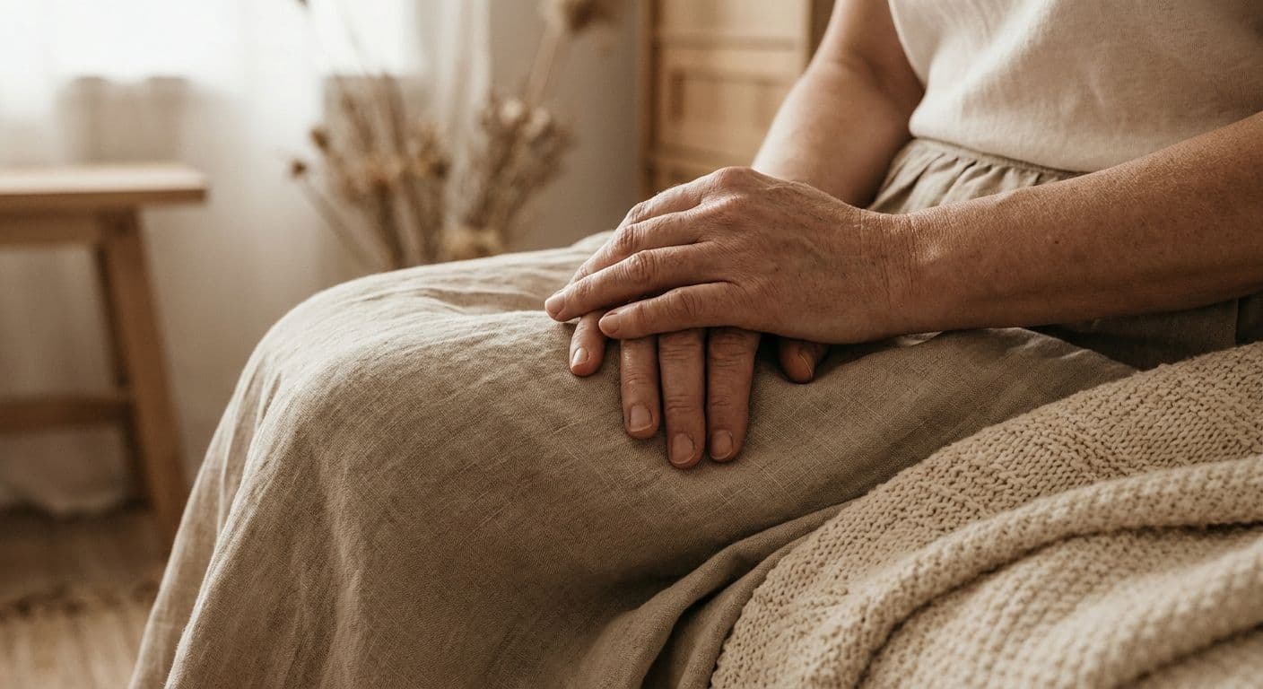 A woman's hands resting gently in her lap in soft, diffuse natural light