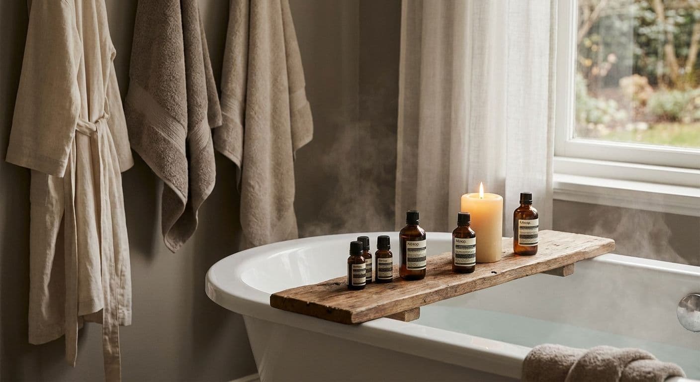 A wooden bath tray with amber glass oil bottles and a lit candle resting across a steaming bath