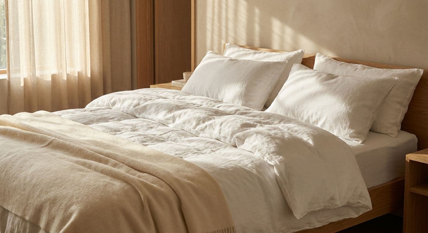 Close-up of crisp white linen sheets with soft morning light falling across the fabric