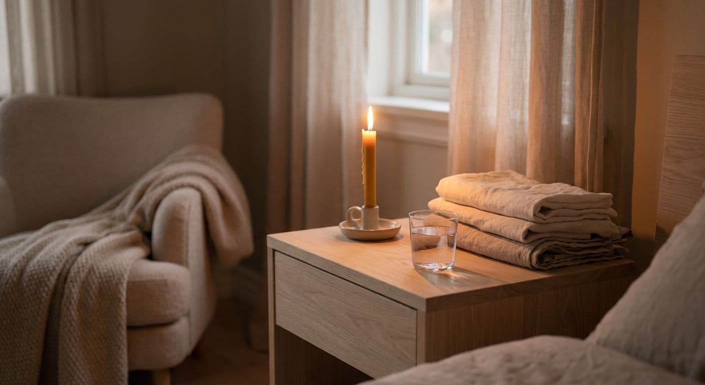 A bedside arrangement with a burning candle, glass of water and folded linen in warm ambient light