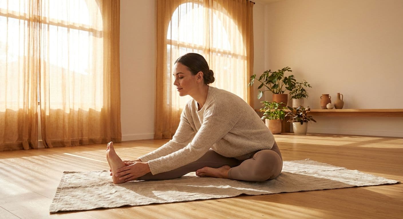 A woman in athletic wear in a graceful seated yoga pose on a linen mat in warm sunlight