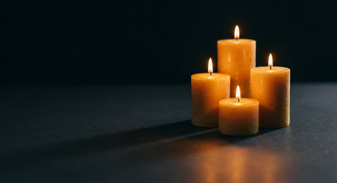 Three pillar candles of varying heights with flames burning against a deep charcoal background