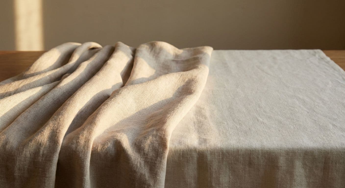 Soft linen fabric gently crumpled and smoothing out in warm directional light