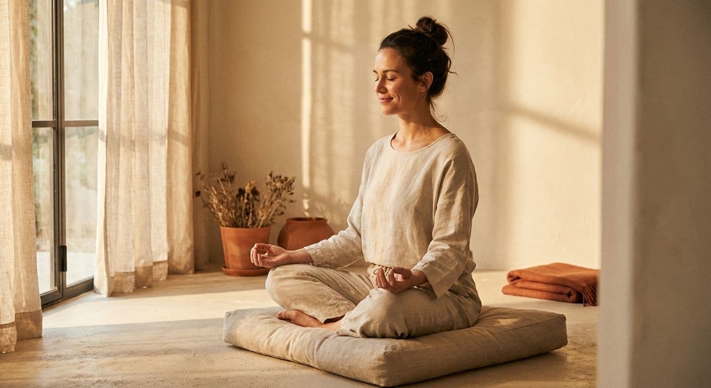 A woman seated in meditation with eyes closed, hands resting open on her knees in a quiet room
